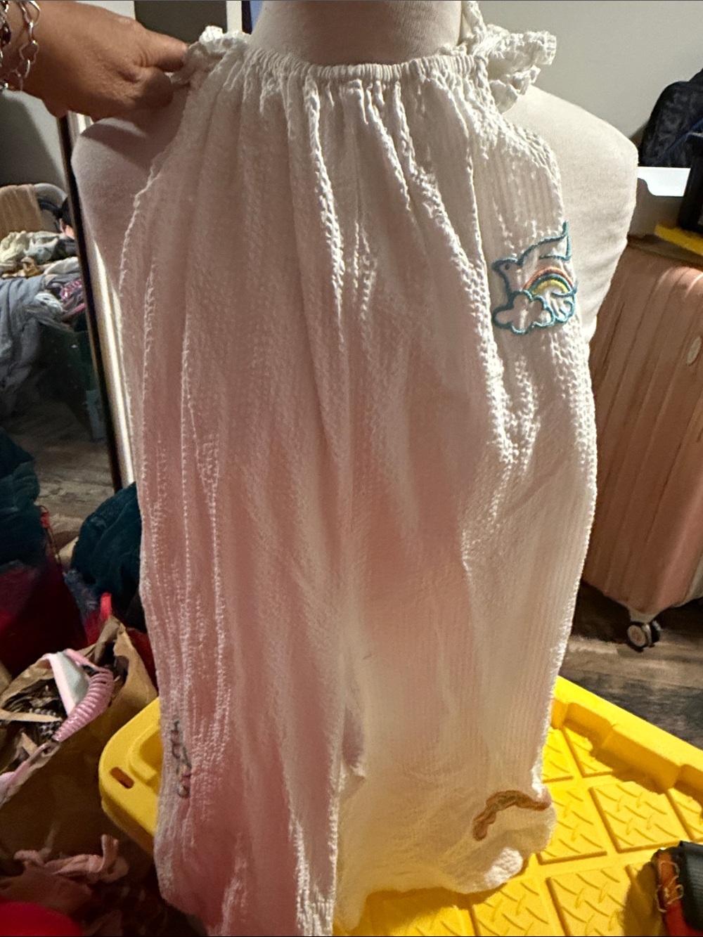 White Smocked Halter Dress with Rainbow Dove Patch